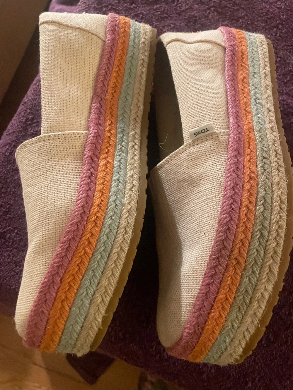 TOMS Cream Canvas Espadrille Platform Slip-Ons with Pink and Orange Trim